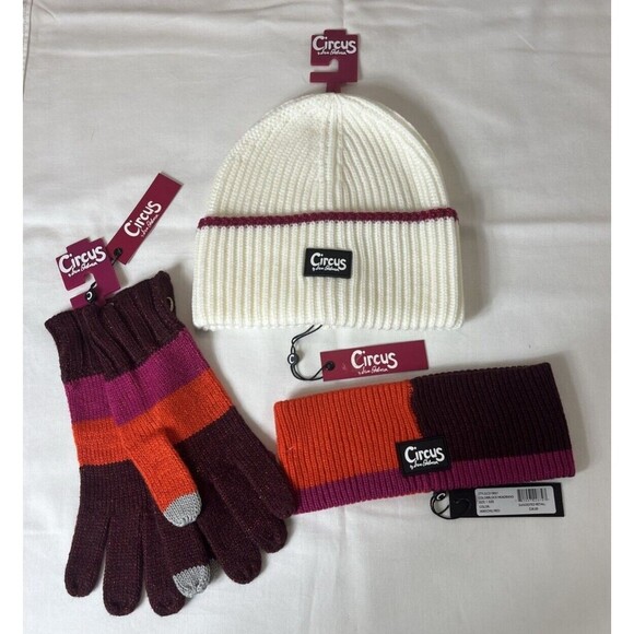 Circus by Sam Edelman 3pc Hat Headband Glove Set Sparkle Stripe Multicolor NWT - Picture 2 of 9